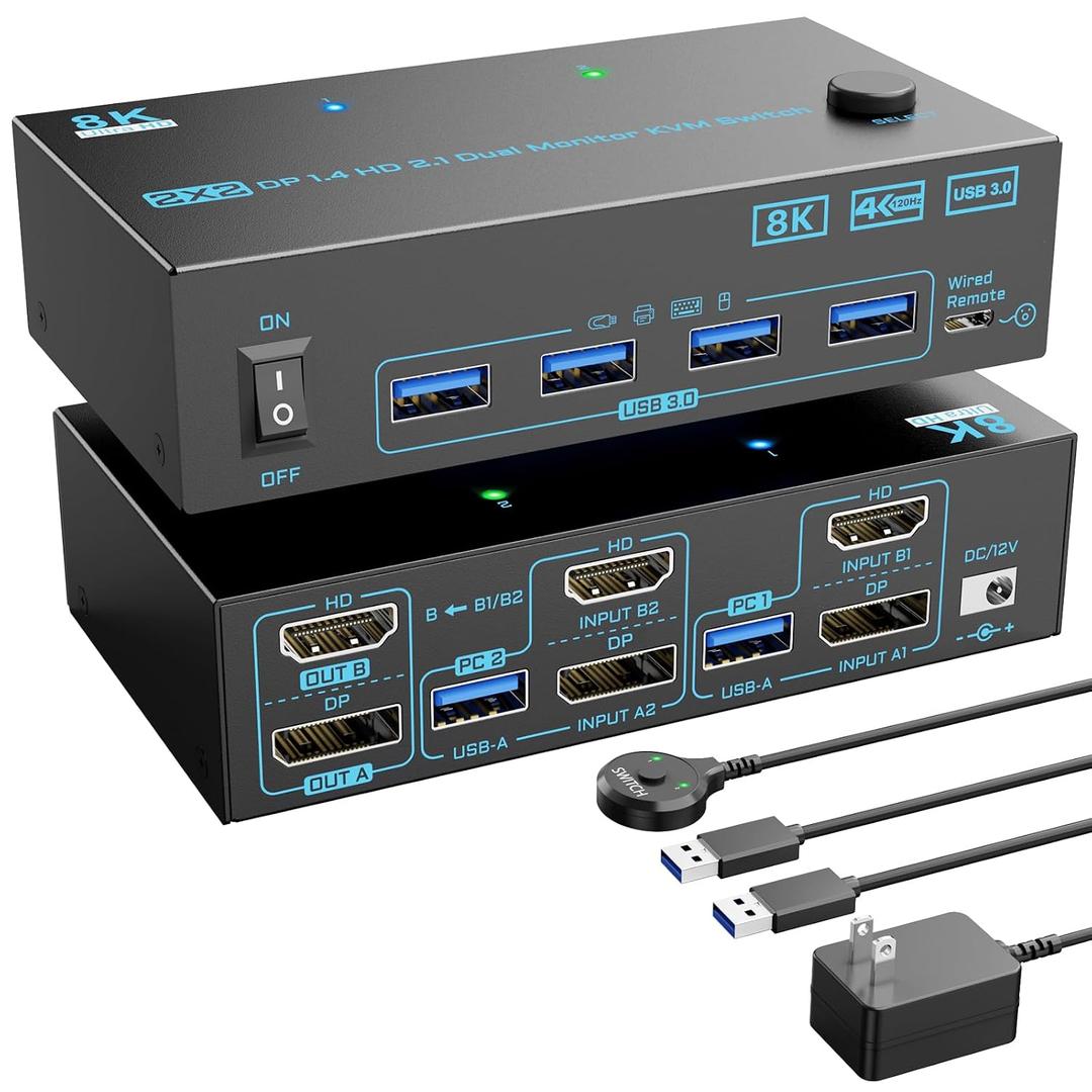 KVM Switch 2 Monitors 2 Computers 8K Displayport 1.4 and HDMI 2.1 Dual Monitor USB 3.0 2 IN 2 Out KVM Switch for 2 PCs Share 2 Screens Support Max 8K@60Hz/4K@144Hz, with Wired Remote & 12V Power Cable