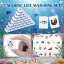 Arrowbash 144 Pcs Ocean Sea Animal Mahjong Blocks Set 4 Players Push Tile Game 1.2'' Blue Tiles Portable Mahjong Travel Set with Carry Bag & Dice for Family Party, 0.87" x 1.18" x 0.55"