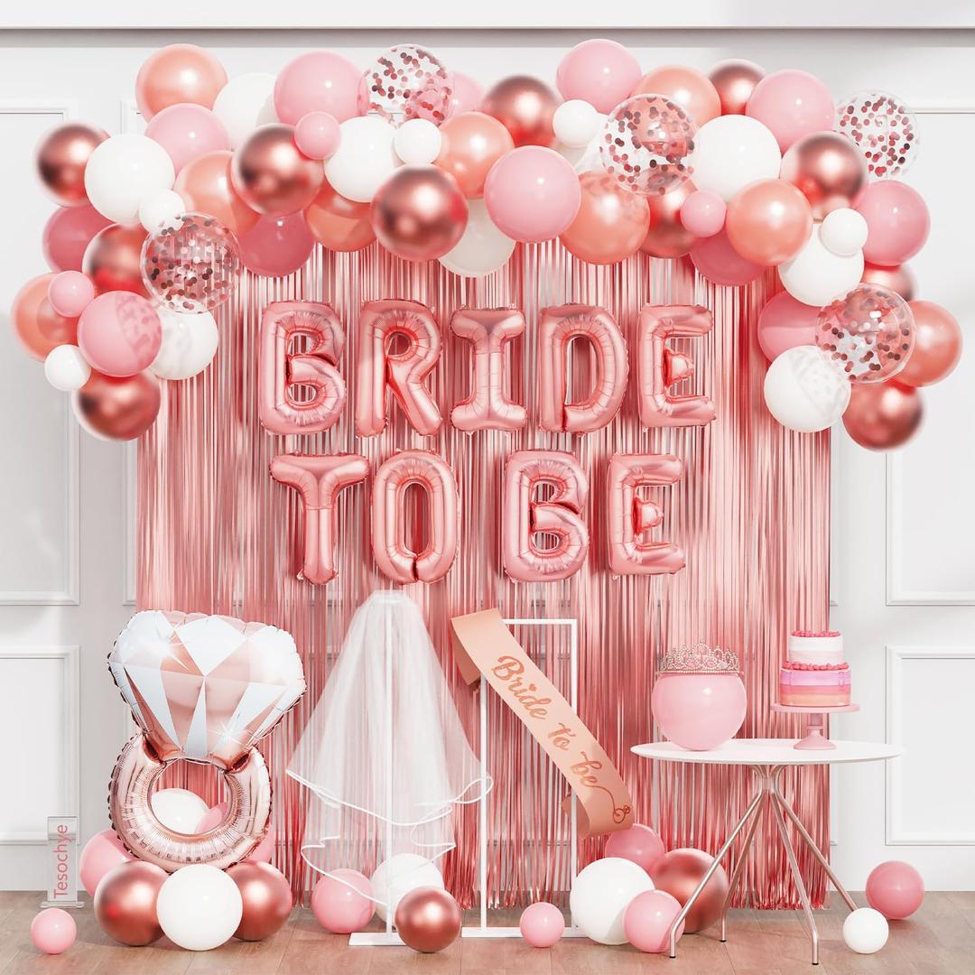 65 Pcs Rose Gold Bridal Shower Decorations,White Pink Rose Confetti Balloons,Bride To Be Banner,Fringe Curtains,Bridal Veil,Bride Sash and Crown hairband for Bachelorette Party Decor (Rose Gold)