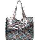 JINMANXUE Woven Tote Bag for Women, Large Summer Beach Travel Handbag and Purse Retro Handmade Shoulder Bags (Gun Multicolor)