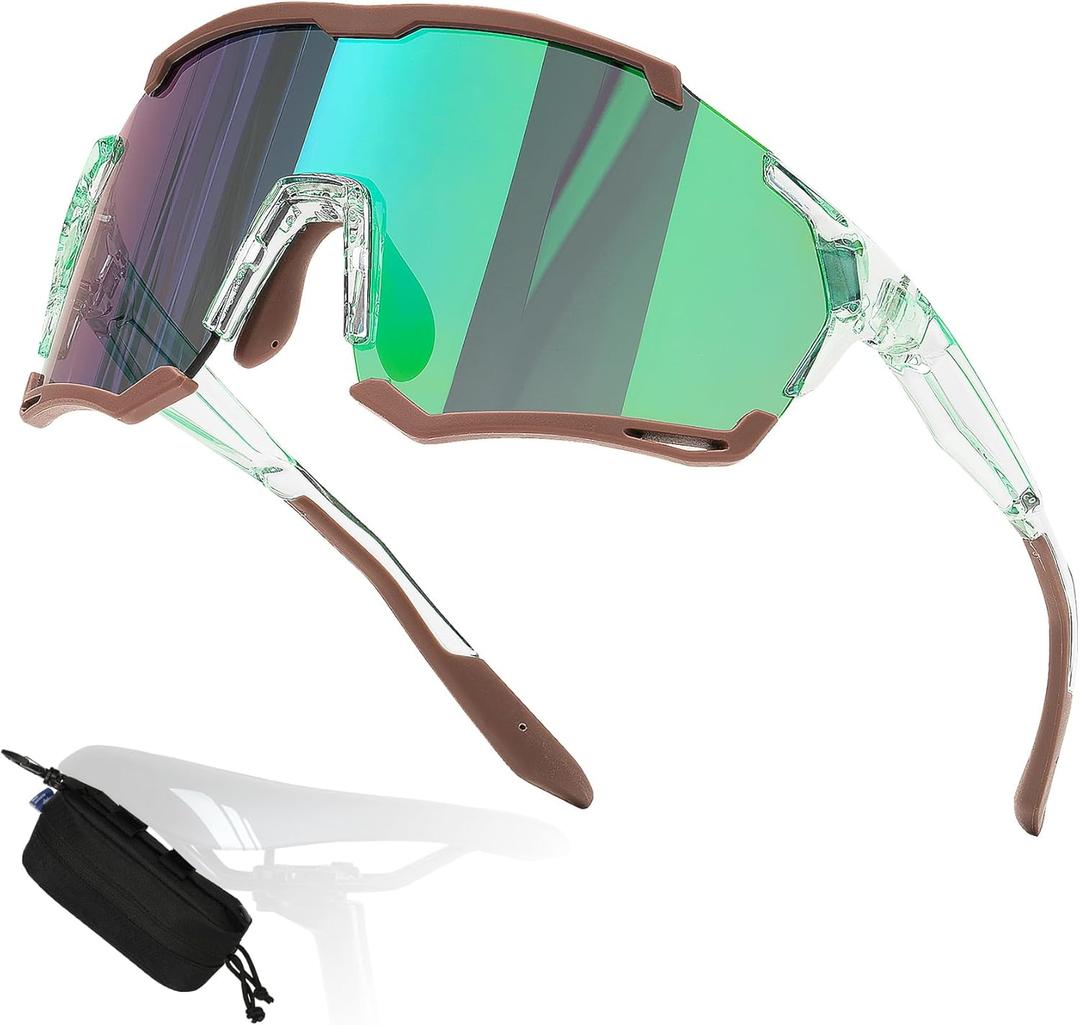 AMBEYE Sports Sunglasses  UV400 REVO Mirror Lens, Ultra-Light TR90 Full Frame, Adjustable Nose Pads, Anti-Slip Arms  Cycling Running Hiking Triathlon  green