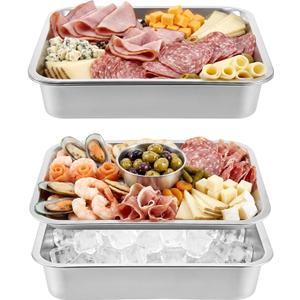 2 Set 14" x 10.4" Stainless Steel Chilled Serving Tray with Compartments Ice Chilled Tray Set for Parties Rectangle Veggie Platter Charcuterie Serving Board for Fruit Seafood Appetizer