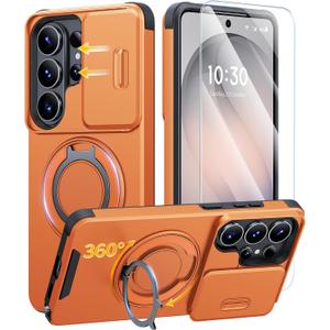 JAME for Samsung Galaxy S26 Ultra Case, Ring Holder Stand Kickstand, Slide Camera Cover with Screen Protector, Dual-Layer Shockproof Protective Magnetic Accessory Friendly S26 Ultra Phone Case, Orange