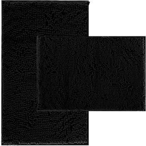 RUN HELIX Bathroom Rugs Set 2 Piece Thick Chenille Bath Mats, Soft Quick Dry Plush Absorbent Bath Rugs with Non-Slip PVC Backing, 32x20+24x16 Inch Black