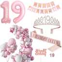 19th Birthday Decoration for Girls Pink Birthday Party Balloon Decoration Set Happy Birthday Banner Crown Birthday Strap Confetti Balloons Birthday Party (19th)