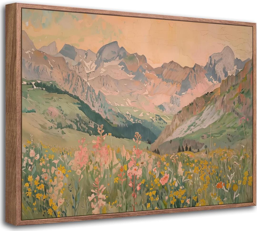 Framed Boho Mountain Canvas Wall Art, Vintage Wildflower Landscape 16x24in