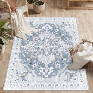 3x5 Washable Rug, Soft Non-Slip Vintage Medallion Rug, Low-Pile Printed Indoor Throw Rugs for Entryway, Kitchen, Bedroom Bedside, Entrance- Blue/Gray