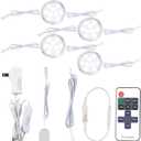 LED Closet Lights Kit, Linkable Wired Puck Light, Wireless Remote Control Dimmable, 110V to 12V Wall Plug in Small Round Kitchen Under Cabinet Lighting Fixture, 4 Lights, Cool White