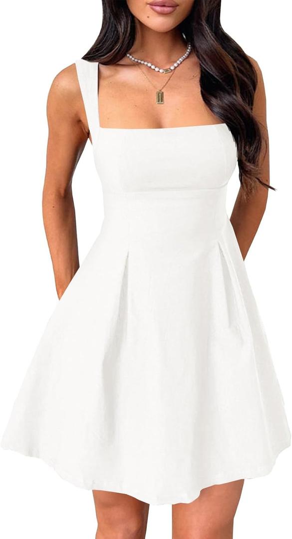 Womens Mini Party Dress Sleeveless Backless Bow Tie Square Neck Short Dress (X-Small, White)