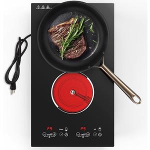 Electric Cooktop, Built-in and Countertop 2 burner Electric Burner for Cooking, 2400W 110V stove top,11 Power Settings, Timer and Child Safety Lock, LED touch control,Overheat Protection.