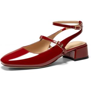 Womens Square Toe Mary Jane Pumps Chunky Low Heels Ankle Strap Slingback Wedding Party Dress Shoes (7.5, Red)