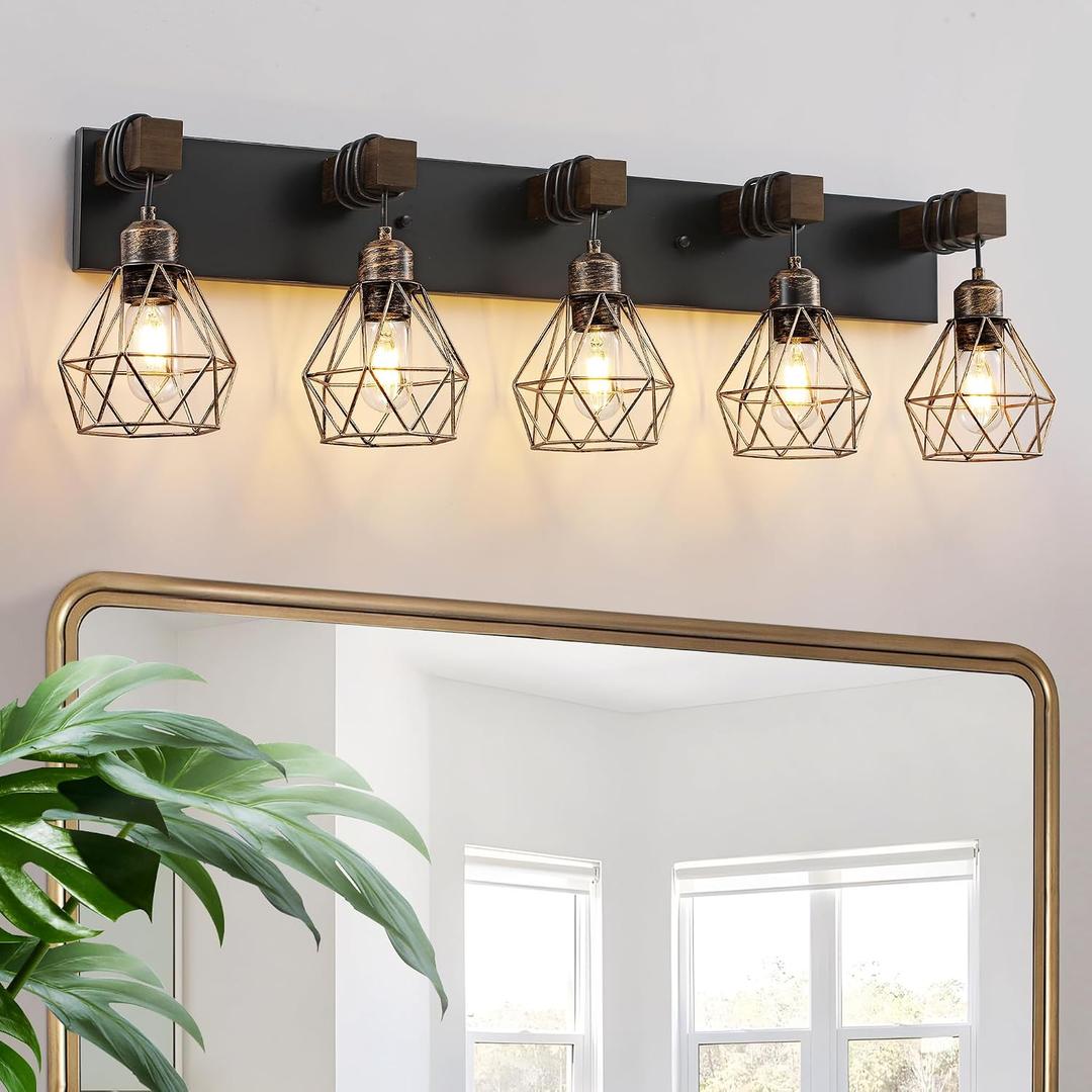 Farmhouse Bathroom Vanity Light Fixtures, 5-Light Wood Bathroom Light Fixtures Over Mirror, Rustic Sconces Wall Lighting with Elegant Metal Lampshade for Living Room, Bedroom, Hallway