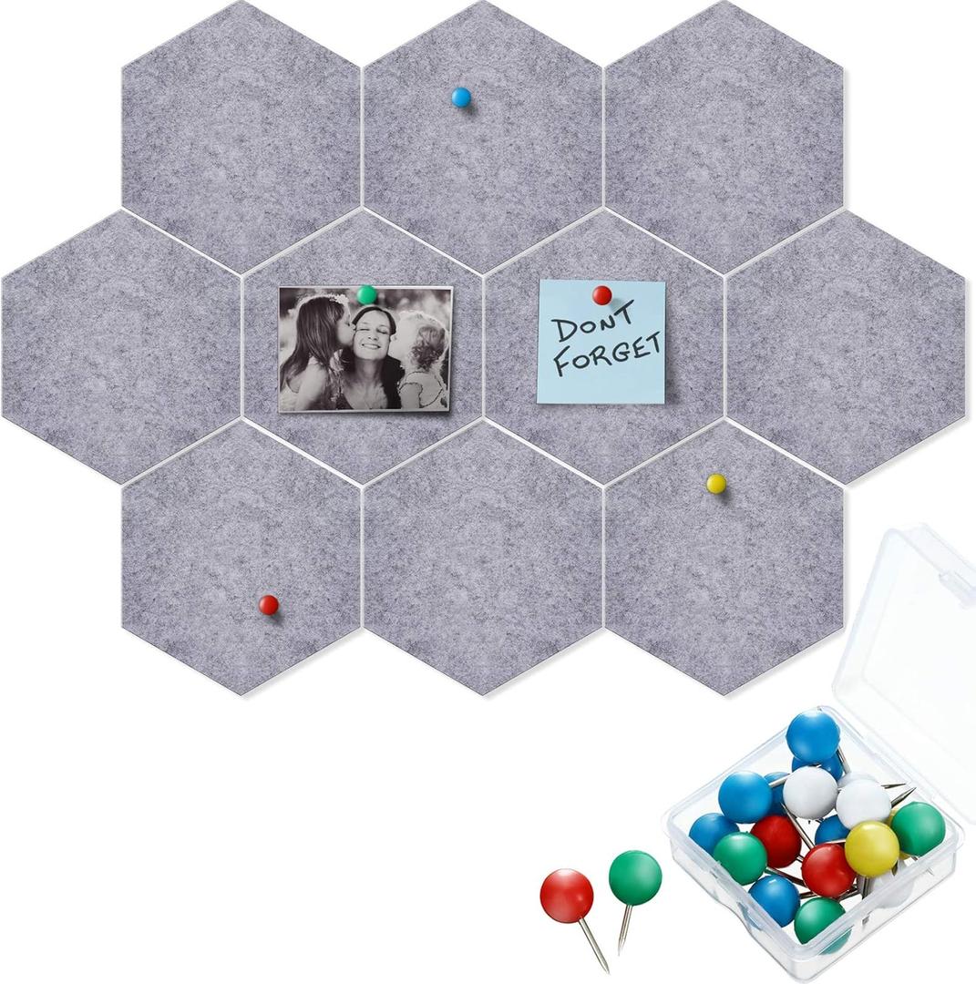 Outus 10 Packs Pin Board Hexagon Felt Tiles Memo Bulletin Board with 20 Pieces Push Pins, Decoration for Home Office Wall(5.9 x 7 Inches/ 15 x 17.7 cm,Gray)