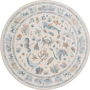 Beachy Coastal Washable Nursery Rug (Blue Multi, 5' Round)