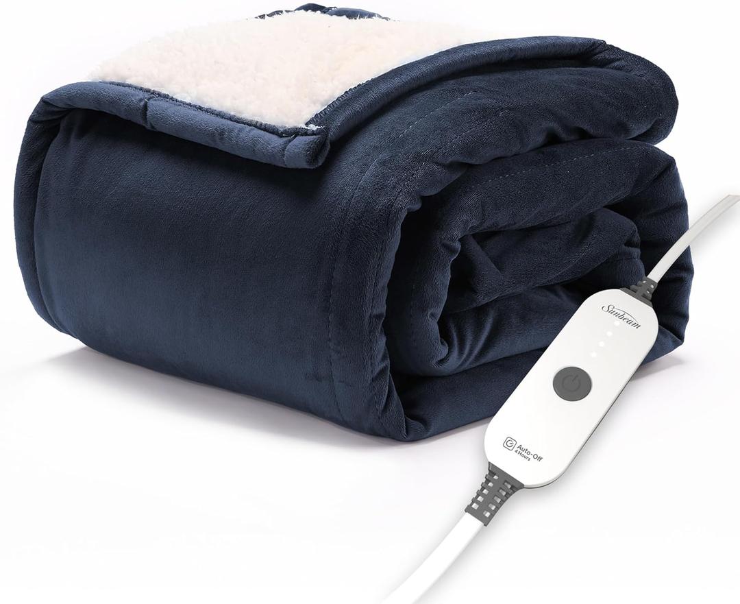 Sunbeam Electric Throw Royal Mink Sherpa Heated Blanket, 4 Heat Settings, 4-Hour Auto Shut-Off, Fast Heating, Luxurious and Ultra Comfy, 50" x 60",  Admiral Blue