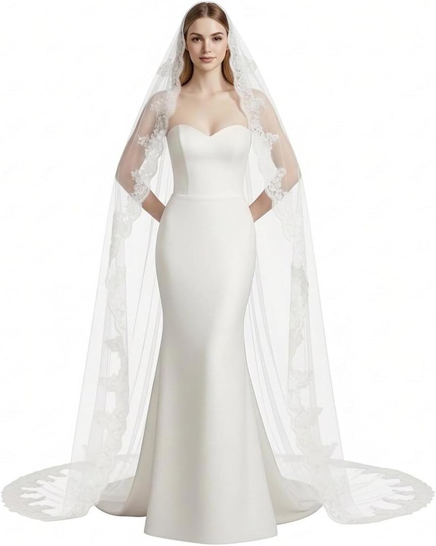 Cathedral Length Wedding Veil Lace Veil Soft Tulle Bridal Veils with Comb (Off White) 1 Tier-118in