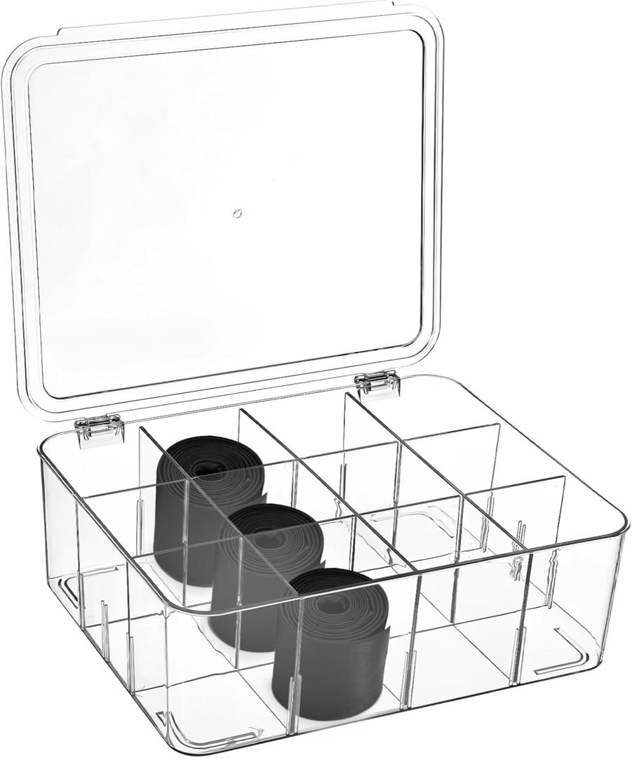 Varku Tie Organizer Box, 12-Cell Clear Tie Rack Organizer, Stackable Tie Display Rack, Drawer Closet Storage Bin with Lid, Storage Box for Ties (12 Grids)