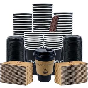 12 oz Disposable Coffee Cups with Lids, Sleeves and Straws 100Pack, Thickened Leak-Proof Insulated Paper Cups for Hot Drinks, Home, Office, Cafe, Party