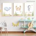 2 x Wodkwq Nursery Wall Art Sea Animal Canvas Prints Baby Girl Boy Room Decor Watercolor Paintings Pictures Cute Ocean Theme Toddler Room Decoration Set of 3 for Kids Bedroom Bathroom 12x16in Unframed