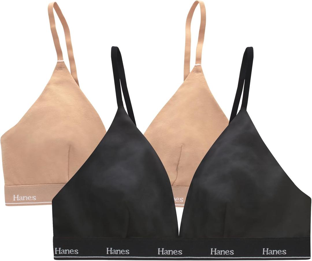 Hanes Women's Originals Triangle Bralette Pack, Breathable Stretch Cotton Bras, 2-Pack (X-Large, Black/Deep Glow)