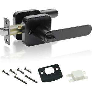 Black Interior Privacy Door Levers, Privacy Door Handle Set Moden Square Base Door Lock for Bedroom Bath, Reversible Keyless Turn Lock Round Corner Door Handles fit Left or Right Sided Door (1 Pack)