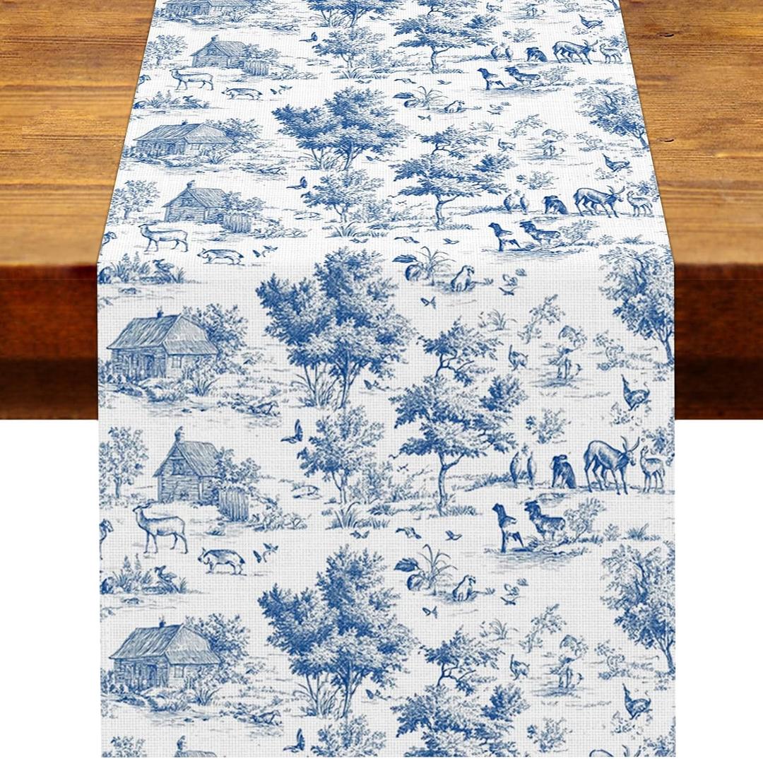 Blue and White French Vintage Table Runner Vintage Toile de Jouy Country Cottagecore Home Kitchen Dining Room Table Decor