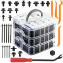 620PCS Auto Retainer Clips Kit with Trim Removal Tools and 3-Layer Organizer Box, 16 Sizes Black Push Type Rivets Fasteners for Car Bumper, Fender, Door Panel and Interior Repair