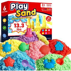 FURWEY Play Sand Set, with 13.3lbs of Colorful Sensory Sand, Plus 15 Tools & Molds, Sensory Play Sand Art Kits for Children Ages 3+ to Relaxing Creative Activities