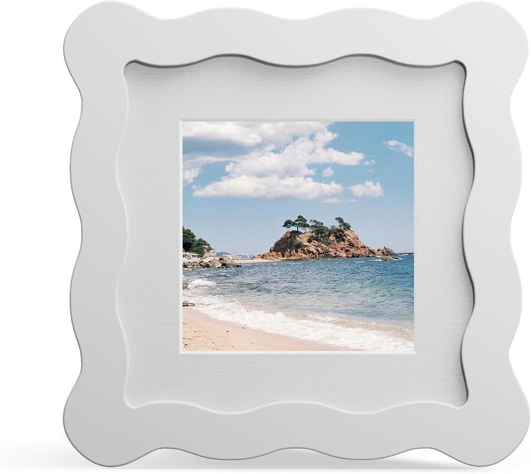 4x4 Picture Frame with Mat for 3x3, Wavy Edge Wooden Real Glass Photo Frame for Tabletop and Wall Hanging, White, 1 Pack