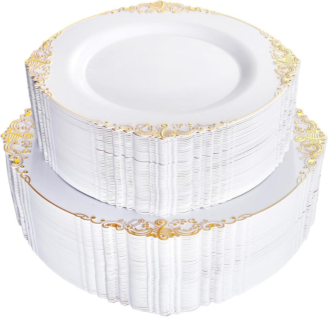 102PCS White and Gold Plastic Plates - Heavy Duty Gold Disposable Plates Include 51PCS 7.5inch Dessert Plates, 51PCS 10.25inch Dinner Plates for Wedding & Parties