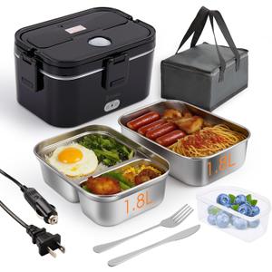 Kabbas 1.8L Portable Electric Lunch Box for Adults, 100W Heated Lunch Box for Men with Removable Dual Container, Fast Heating Food Warmer, 12V/24V/110V for Car Truck Office lonchera elctrica porttil (Black)