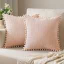 ANRODUO Pack of 2 Light Pink Fall Boho Decorative Pillow Covers with Pom-poms Pillow Covers 18x18 Corduroy Cushion Case Cute and Soft Square Throw Pillows for Bed Couch Sofa Living Room Decor Home