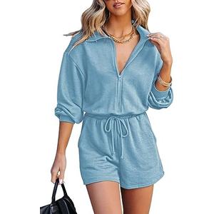 Fixmatti Women Zip up Romper Long Sleeve V Neck Drawstring Waist Casual Shorts Jumpsuit with Pockets 
