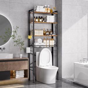 Over-The-Toilet Storage Rack 4-Tier,Bathroom Organizer Shelf Over Toilet,Adjustable Wooden Shelves and Basket,Freestanding Above Toilet Shelf,Space Saver for Rooms(Black Rack-Rustic Brown Shelves)