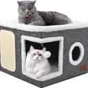 Cat Beds for Indoor Cats, Large Cat Cave Bed with Scratch Pad and Fluffy Ball, Foldable Cat Hideaway, Cat House with Reversible Cushion for Multi Small Pet Up to 30LBS, Grey (Single)