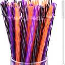 JOVITEC 60 Pieces Halloween Straws 9" Plastic Reusable Straw Drinking Straws for Tumblers with Straw Cleaning Brush for Halloween Cocktail Christmas Party Family Supply