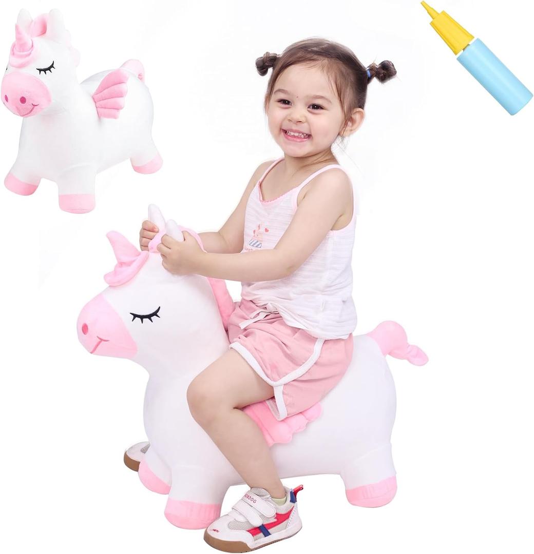 INPANY Unicorn Bouncy Horse Toys, Toddler Girl Bouncing Animal Hopper, Inflatable Plush Stuffed Animal, Baby Ride-on Rubber Bouncer, Indoor Outdoor Cute Birthday Gifts for 2 3 4 Year Old Girl Boy Kid