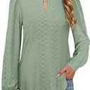 Womens Long Sleeve Eyelet Tops V Neck Fall Shirts Casual Loose Blouses (Medium, Sage)