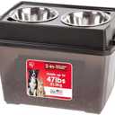 IRIS USA Elevated Dog Bowls, 15"H Raised Bowl for Large Dogs, Airtight Pet Food Storage Holds Up To 47 Lbs, 2 Removable 64 oz Stainless Steel Bowls, At Home or Camping, Smoke/Black