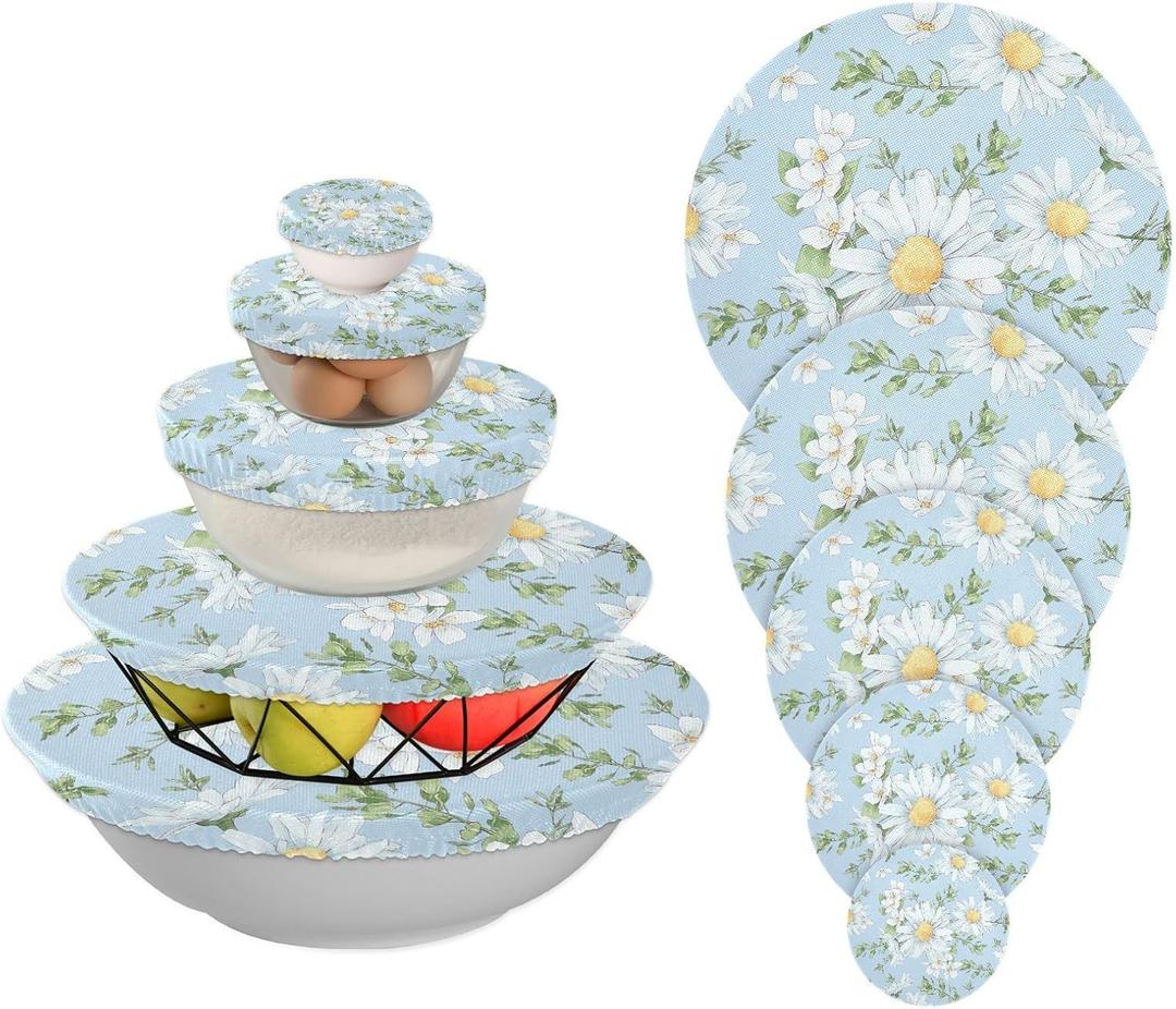 SusiYo Reusable Stretchy Bowl Covers - 5 Pieces, Watercolor Daisies Wildflowers Food Storage Container Elastic Covers for Bread Proofing, Fruits, Kitchen Leftovers