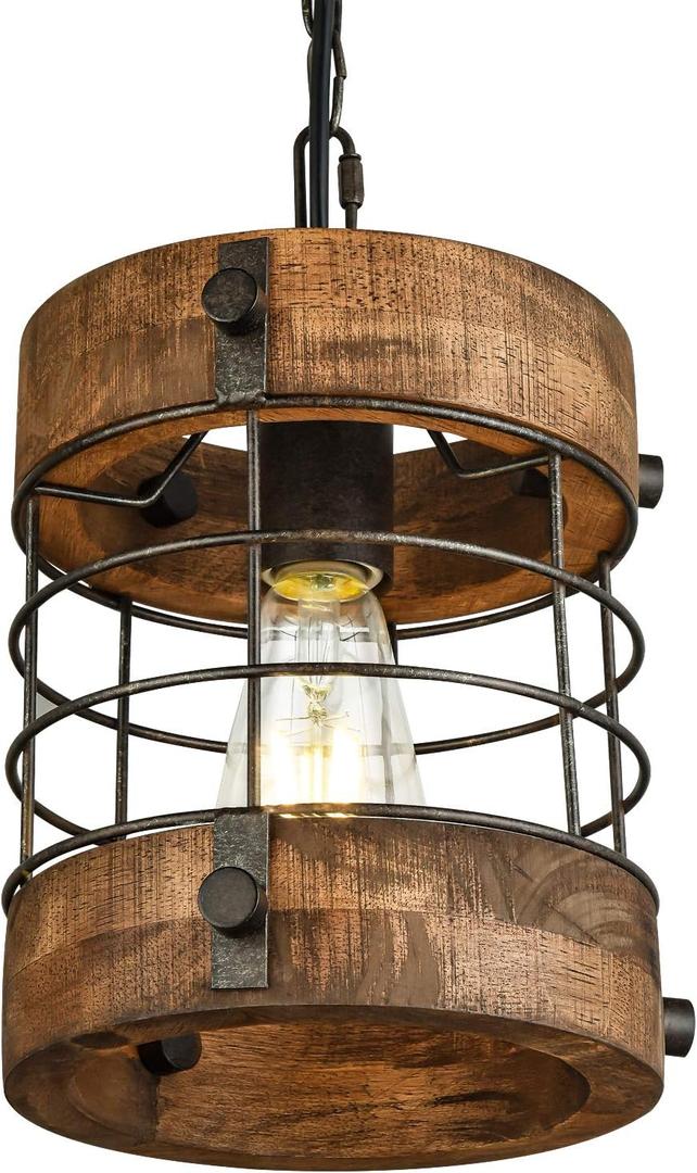 Retro Industrial Metal and Wood Chandelier 1-Light Round Cage Pendant Light Fixture for Kitchen Island Foyer Hallway Bar Dining Room Restaurant, D 7.9" x H 8.7" (Brown)