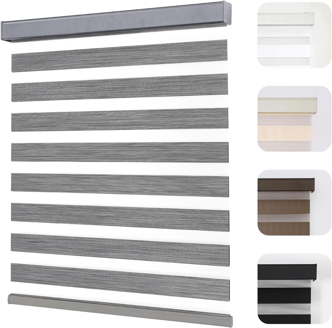 Joydeco Cordless Zebra Blinds for Windows, Dual Layer Light Control Window Blinds with Light-Proof Aluminum Cover, Free-Stop Roller Shades for Home & Office (Grey,17" W x 48" H)