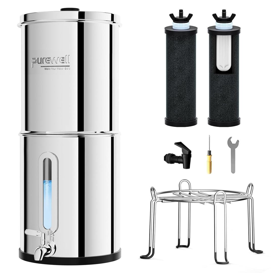 Purewell 2.25G Gravity Water Filter System with Water Level Window, 3-Stage 0.01m Ultra-Filtration Stainless Steel Countertop System with 2 Filters and Stand, Reduce 99% Chlorine, PW-KS (Silver)
