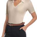 Womens Short Sleeve Business Casual Bodysuit 2025 Tops Summer V Neck Polo Work Shirts Fitted Basic Collared Bodysuit Shirt, XL, Oatmeal