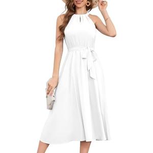 Bbonlinedress Women Halter Chiffon Wedding Bridesmaid Dress Cocktail Formal Sleeveless Prom Party Maxi Flowy Summer Dress, XL, White