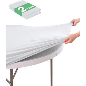 KeyWave Round Fitted Table Covers - 56-60 Inch Spandex Water-Resistant Tablecloth with Elastic, 2 Pack Circle Folding Table Cloths for Party Banquet, White