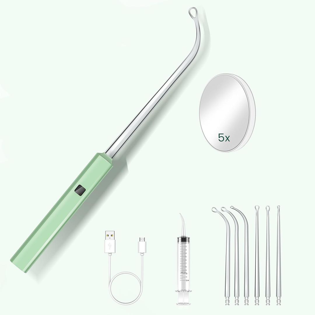 Best Tonsil Stone Remover Extended LED Light Guiding Scoop Curved Tonsil Stone Removal Kit Fast Remove Tonsil Stone Water Flosser Oral Irrigator Rinse Tool Syringe Cleaner Breath Hard Stone