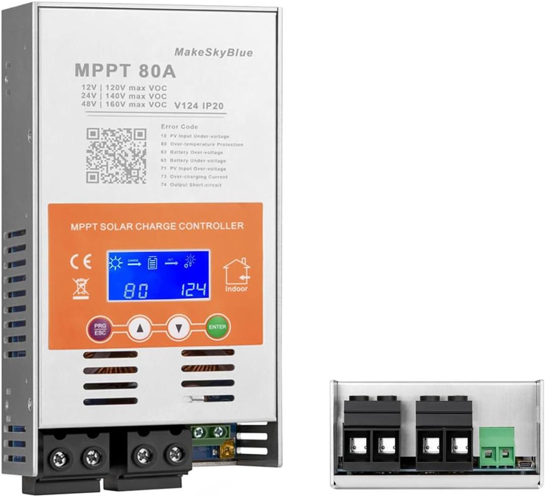 V124 80A MPPT Solar Charge Controller, 12V/24V/48V Auto, Max 160V PV Input, LCD Display, Compatible with Lithium, LiFePO4, AGM, Gel, Lead-Acid Batteries