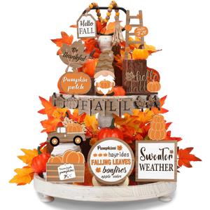 Maitys 21 Pcs Thanksgiving Tiered Tray Decor Set Fall Pumpkin Gnome Truck Scarecrow Wood Sign Rustic Farmhouse Decor Hello Fall Wood Bead Decorative Tabletop Sign for Autumn Thanksgiving Day(Rustic)
