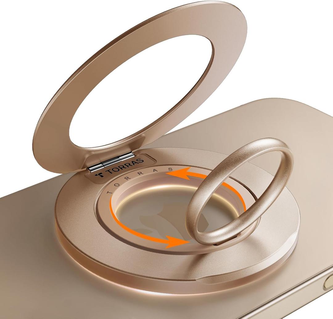 TORRAS 2025 Newest Thin Fit for MagSafe Phone Grip Ring Holder [Dual-Ring] Compatible with MagSafe Kickstand Magnetic for iPhone 16/15/14/13/12/11 Samsung, Google Accessories, Desert Titanium Gold